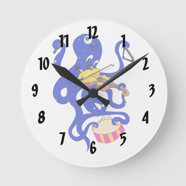 blue octopus playing multiple percussion.png round clock (Front)