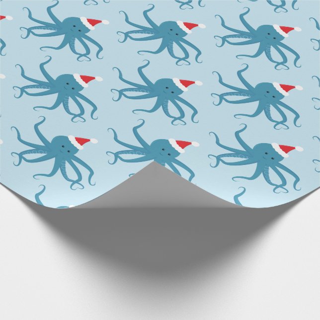 Blue Octopus Santa Hat Christmas Holiday  Wrapping Paper (Corner)