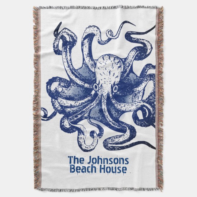 Blue Octopus Throw Blanket (Front Vertical)