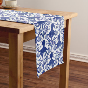 Blue Octopus Tropical Fish Coral Diamonds Short Table Runner