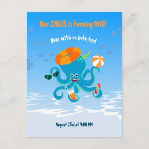 Blue Octopus Under the Sea Boy Birthday Party Invitation Postcard