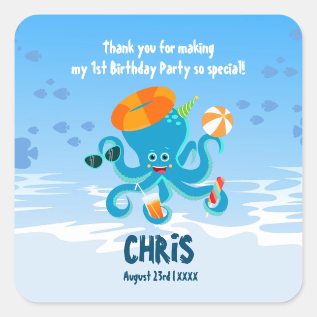 Blue Octopus Under the Sea Boy Birthday Party Square Sticker (Front)