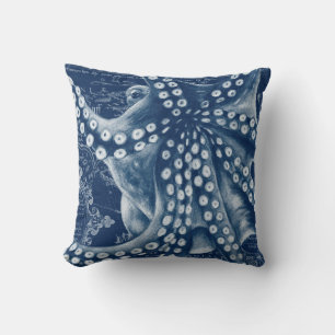 Blue Octopus Vintage Map Chic Cushion