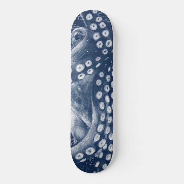 Blue Octopus Vintage Map Chic Skateboard (Front)