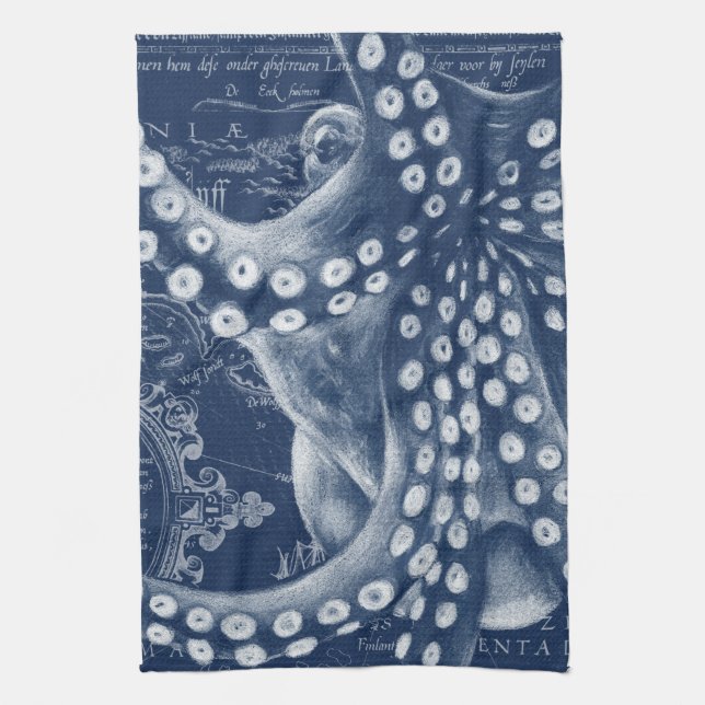 Blue Octopus Vintage Map Chic Tea Towel (Vertical)