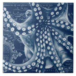Blue Octopus Vintage Map Chic Tile