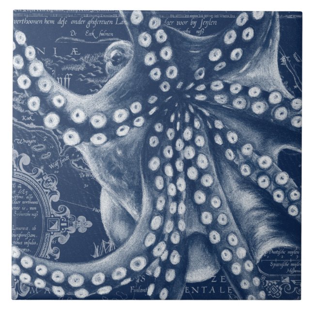 Blue Octopus Vintage Map Chic Tile (Front)