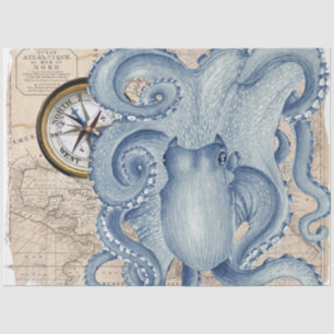 Blue Octopus Vintage Map Compass Nautical Tissue Paper