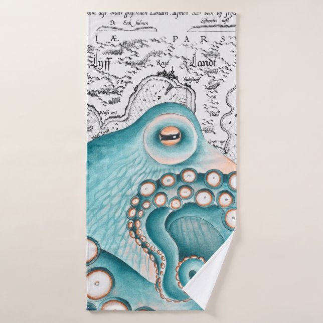 Blue Octopus Vintage Map Nautical Art Bath Towel Set (Bath Towel)