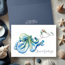 Blue Octopus Watercolor Beach Christmas Cards