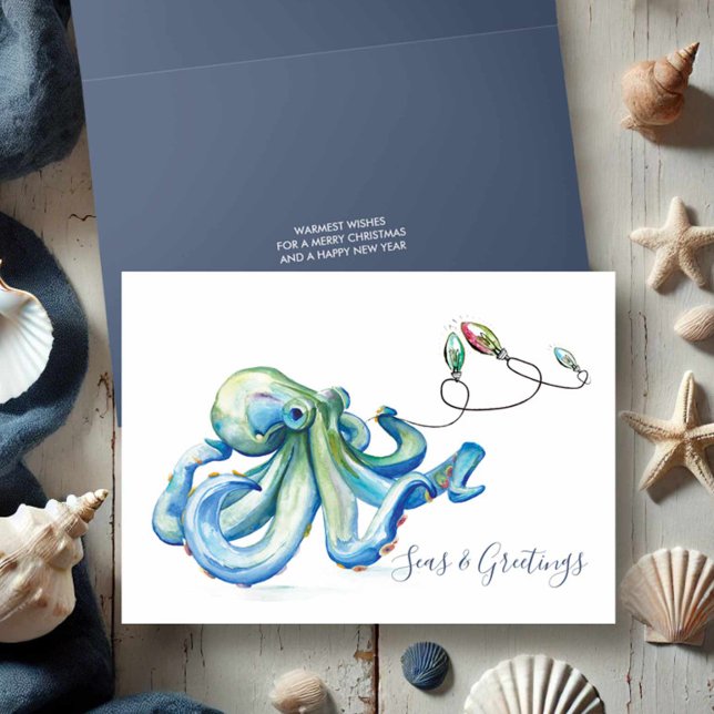 Blue Octopus Watercolor Beach Christmas Cards (Beach Christmas cards watercolor blue octopus and holiday lights by Victoria Grigaliunas)
