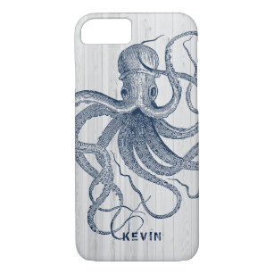 Blue Octopus White Faux Wood Planks Case-Mate iPhone Case