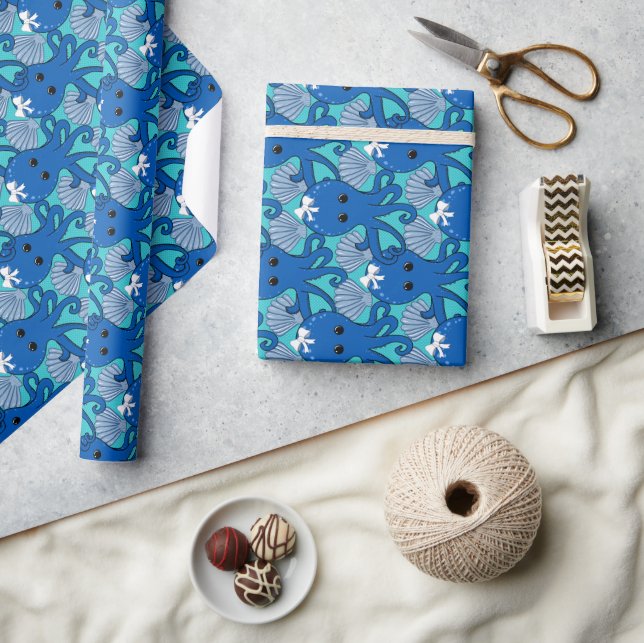 Blue Octopus with Bow Wrapping Paper (Crafts)