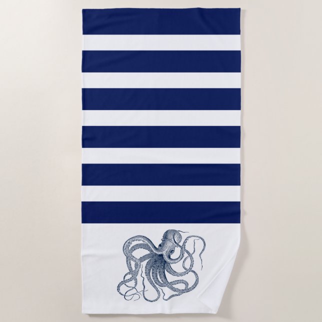 Blue octopus with white and blue stripes beach towel (Front)