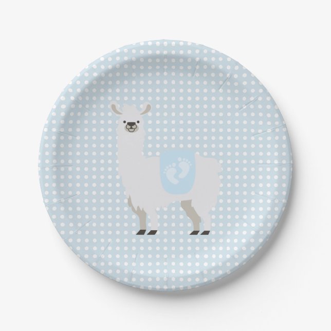 Blue & Off-White Gender Neutral Llama Baby Shower Paper Plate (Front)