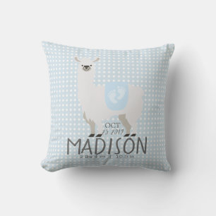 Blue & Off-White Llama Birth Stats Throw Pillow