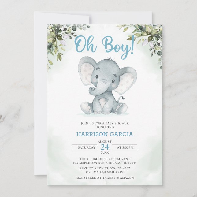 Blue Oh Boy Cute Elephant Baby Shower  Invitation (Front)
