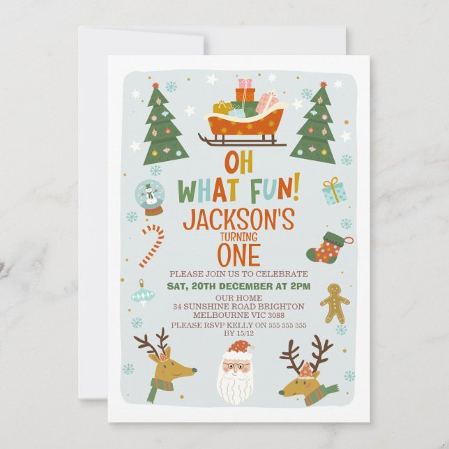 Blue Oh What Fun Christmas 1st Birthday Invitation (Front)
