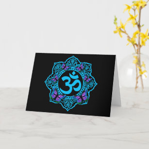 Blue ohm mandala design with purple butterflies card