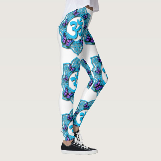 Blue ohm mandala design with purple butterflies leggings (Right)