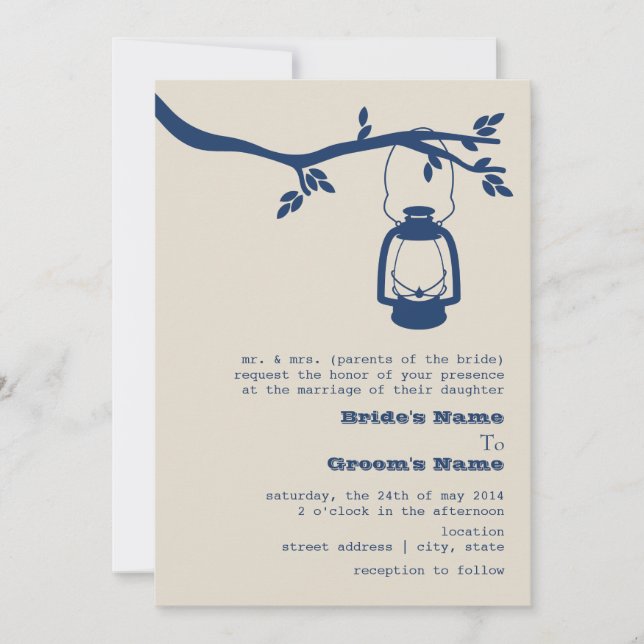 Blue Oil Lantern Wilderness / Camping Wedding Invitation (Front)