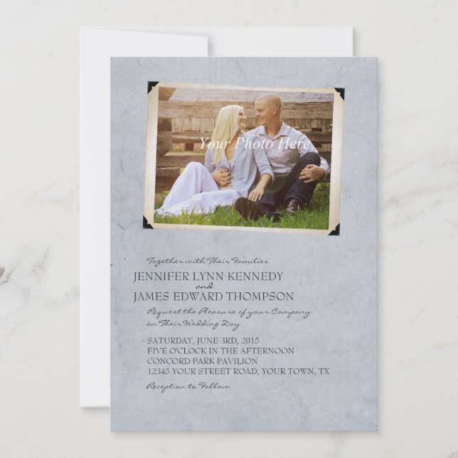 Blue Old Photo Album Page Wedding Invitations (Front)