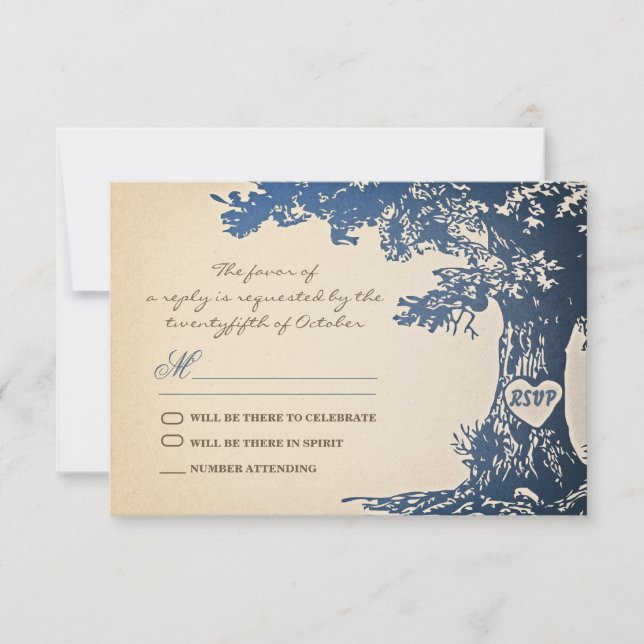 blue old tree vintage wedding rsvp design card (Front)