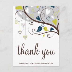 Blue & Olive   Cute Lovebirds Thank You Postcard
