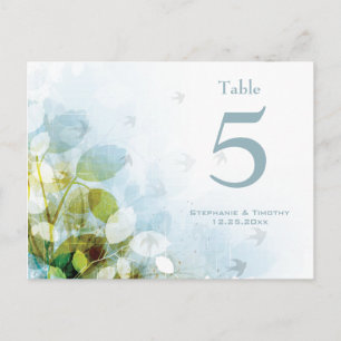 Blue olive green foliage bird wedding table number postcard