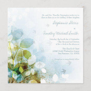 Blue olive green foliage birds wedding invitation