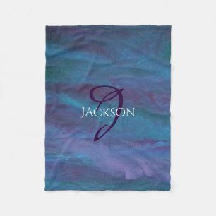 Blue Ombre Abstract   Teal Violet Purple Monogram Fleece Blanket