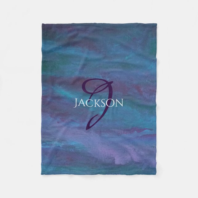 Blue Ombre Abstract | Teal Violet Purple Monogram Fleece Blanket (Front)