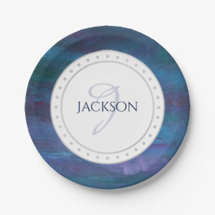 Blue Ombre Abstract   Teal Violet Purple Monogram Paper Plate