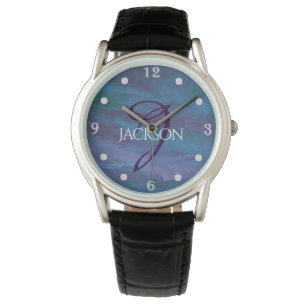 Blue Ombre Abstract Teal Violet Purple Monogram Watch