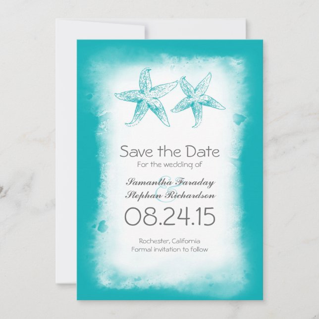 blue ombre beach save the date cards (Front)