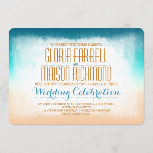 Blue ombre beach wedding invitation