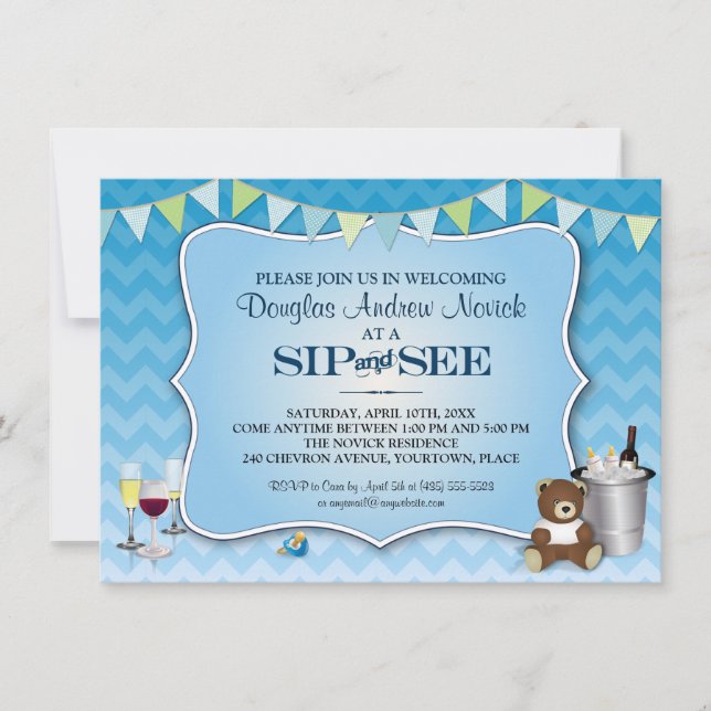 Blue Ombre Chevron Baby Sip and See Invitation (Front)