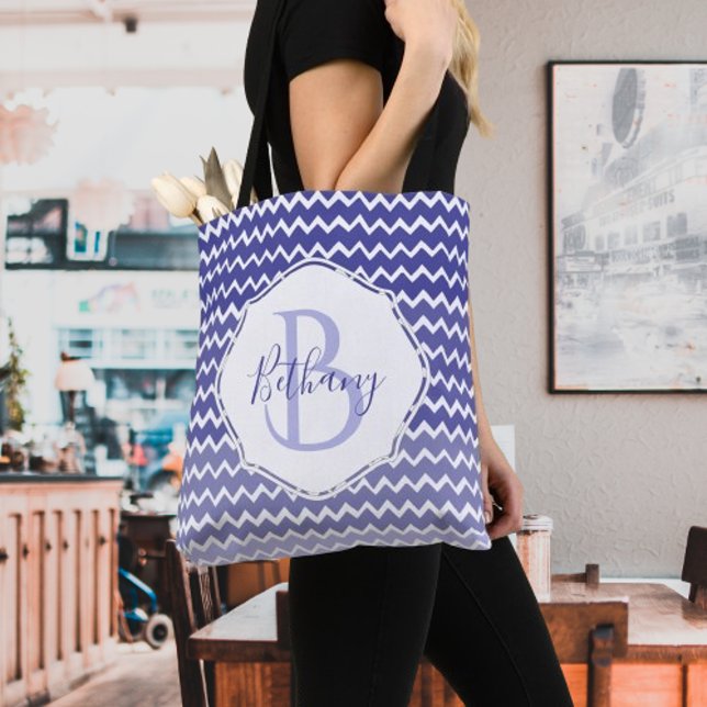 Blue Ombre Chevron Personalised Tote Bag (Blue Ombre Chevron Personalized Monogram Tote Bag)