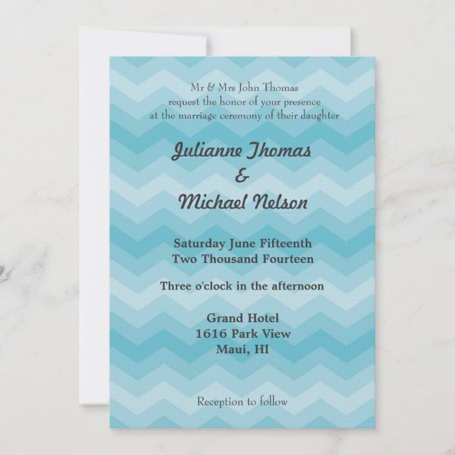 Blue Ombre Chevron Stripes Wedding Invitation (Front)