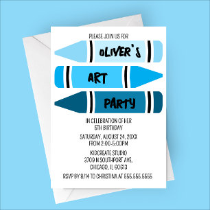 Blue Ombre Crayons Art Birthday Party Invitation