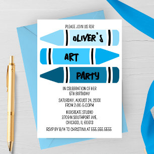 Blue Ombre Crayons Art Birthday Party Invitation