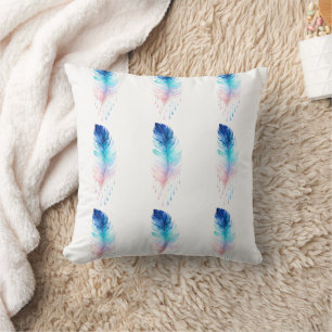 Blue Ombre Feather Watercolor Cushion
