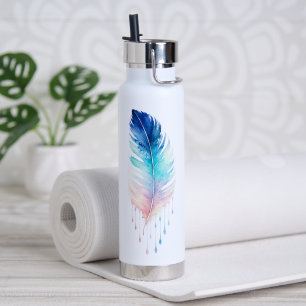 Blue Ombre Feather Watercolor Water Bottle