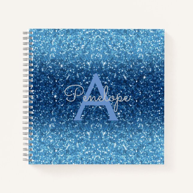 Blue Ombre Glitter and Monogram Recipe Notebook (Front)