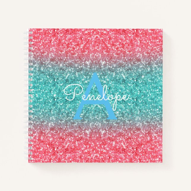 Blue Ombre Glitter and Monogram Sketchbook Notebook (Front)