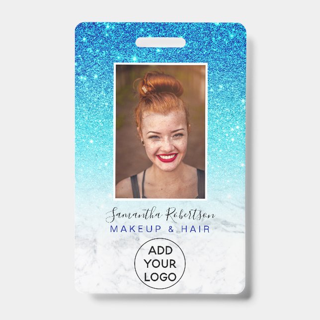 Blue ombre glitter marble logo employee photo ID badge (Front)