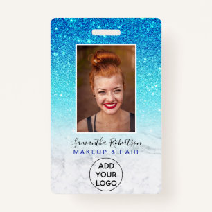 Blue ombre glitter marble logo employee photo ID badge