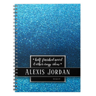 Blue Ombre Glitter Sparkles Black White Monogram Notebook
