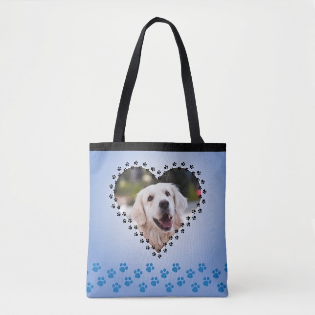 Blue Ombre Heart Paw Prints Custom Dog Mum Tote Bag (Front)