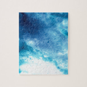 Blue Ombre Inkblot Splatter Watercolor Pattern Jigsaw Puzzle